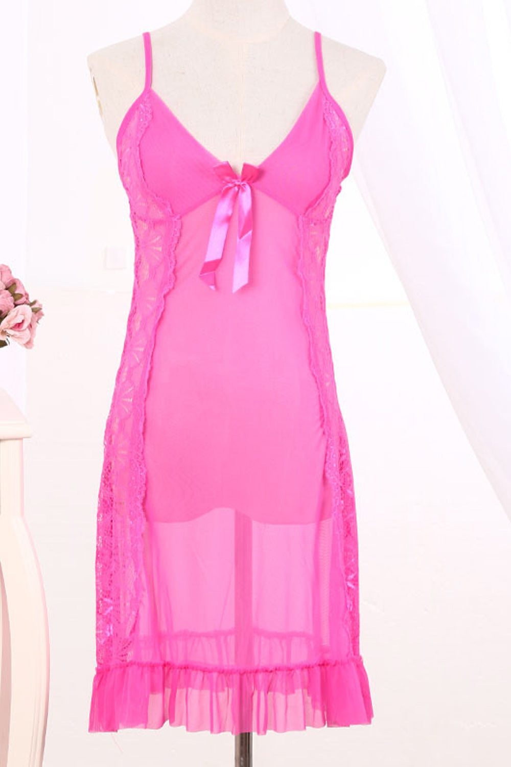 Women Elegant Solid Pattern Ribbon Decorated Lace Hem Lingerie