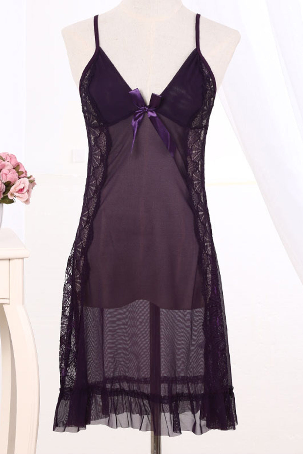 Women Elegant Solid Pattern Ribbon Decorated Lace Hem Lingerie
