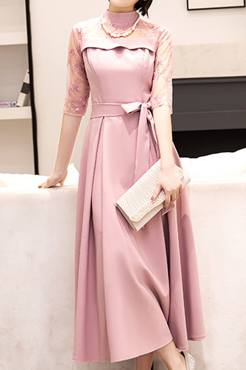 Women Smooth Skirt Ribbon Waist Solid Colored Wedding Party Dress