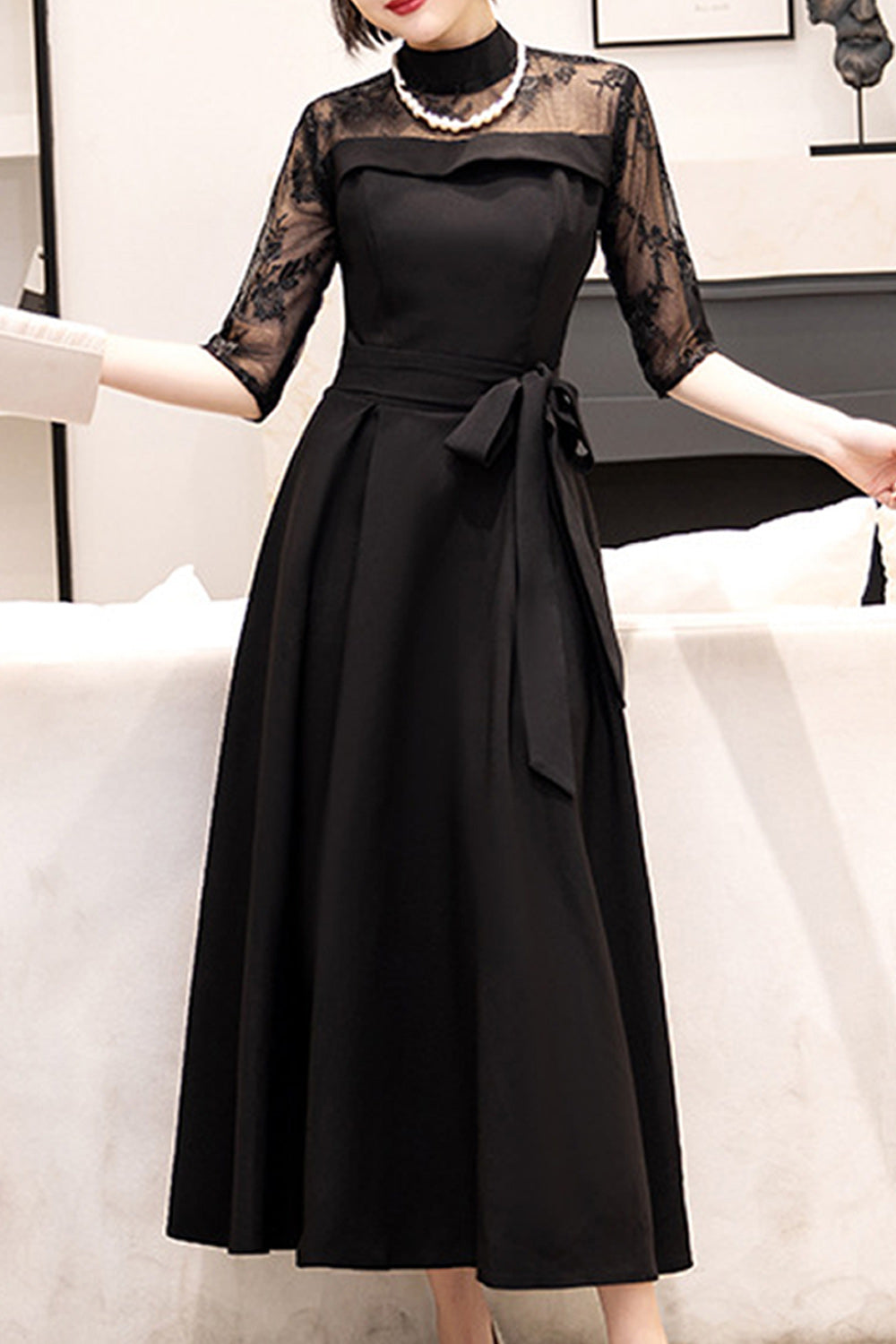 Women Smooth Skirt Ribbon Waist Solid Colored Wedding Party Dress