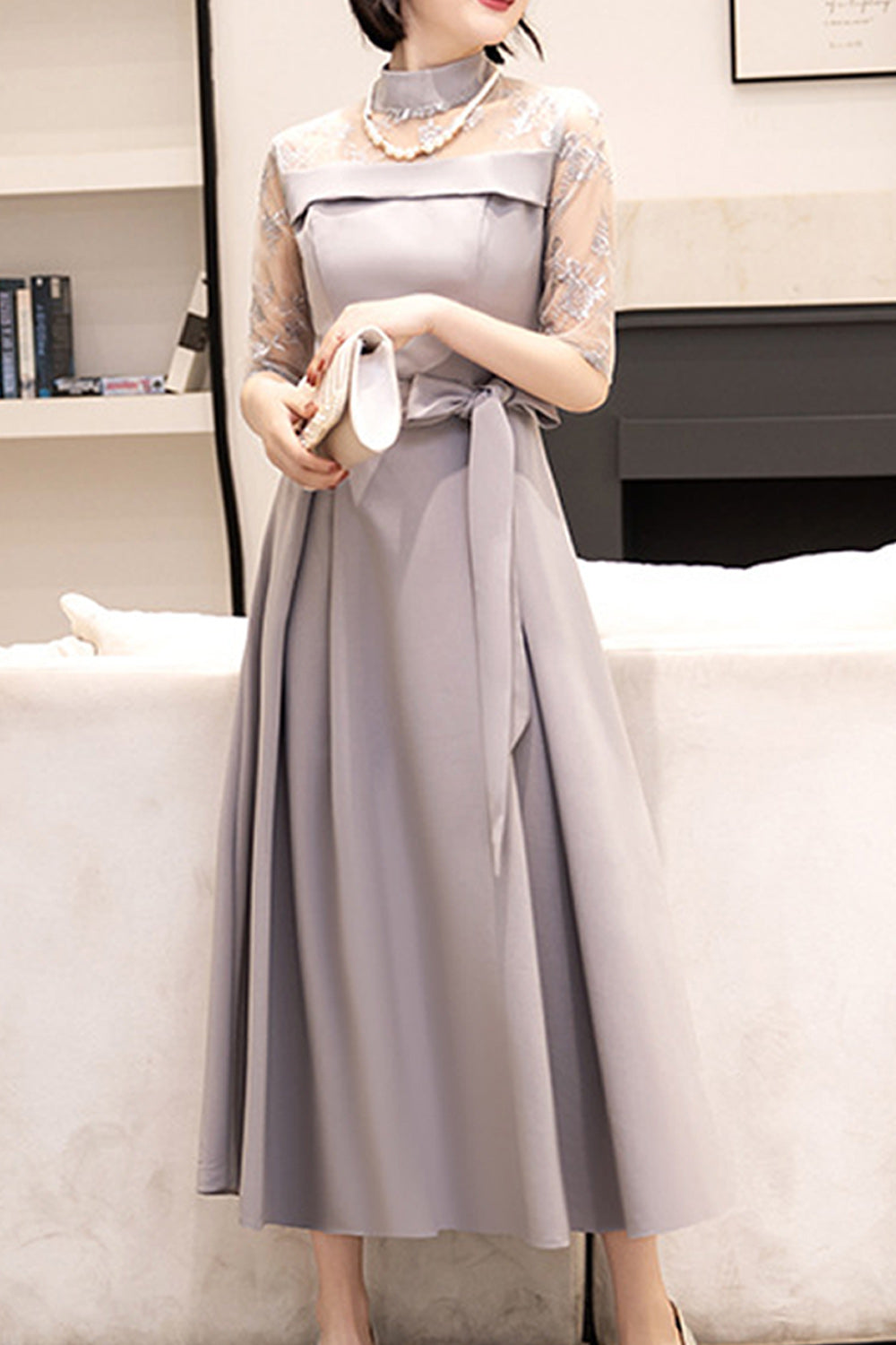 Women Smooth Skirt Ribbon Waist Solid Colored Wedding Party Dress