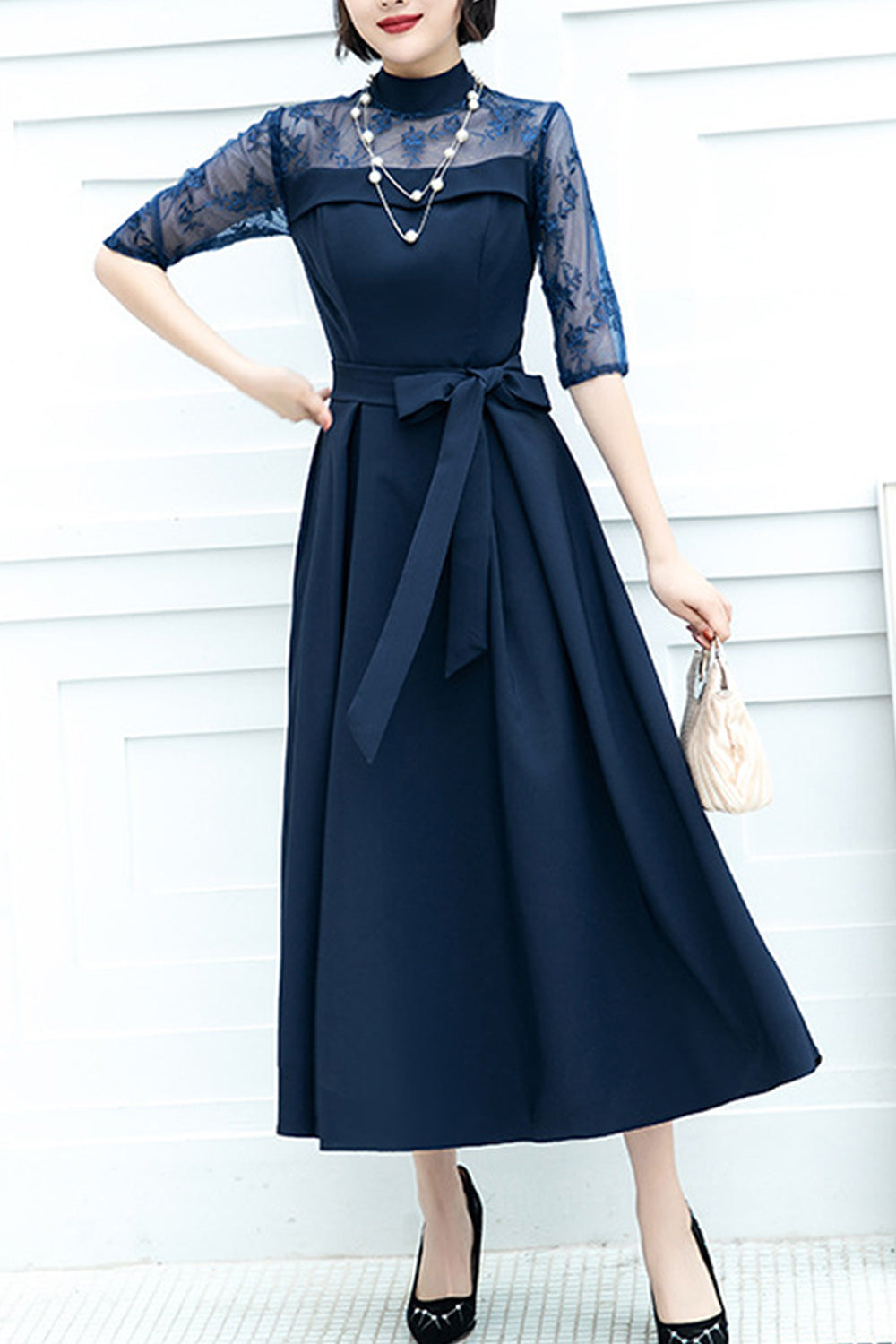 Women Smooth Skirt Ribbon Waist Solid Colored Wedding Party Dress