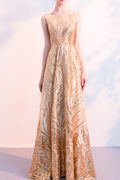 Women Elegant Round Neck Sequins Decorated Evening Party Dress