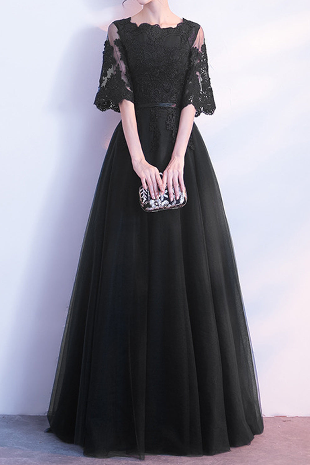 Women Loose Half Sleeve Lace Embroidered Pleated Skirt Evening Party Dress