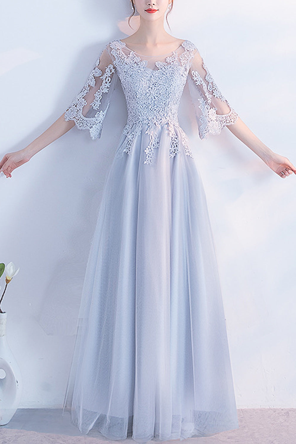 Women Loose Half Sleeve Lace Embroidered Pleated Skirt Evening Party Dress
