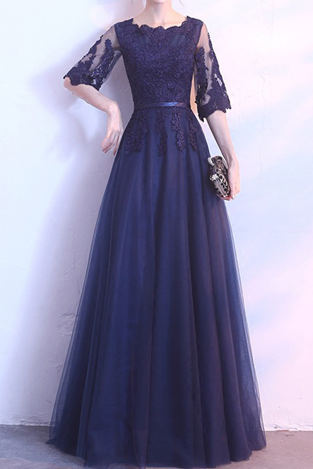 Women Loose Half Sleeve Lace Embroidered Pleated Skirt Evening Party Dress