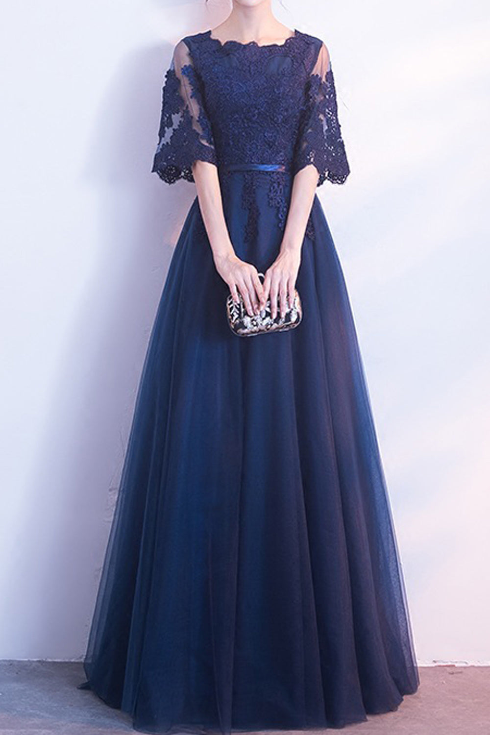 Women Loose Half Sleeve Lace Embroidered Pleated Skirt Evening Party Dress