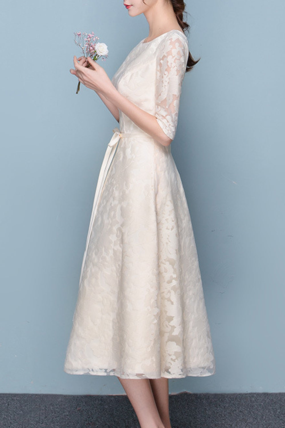 Women Half Sleeve Broad Round Neck Solid Pattern Lovely Evening Party Dress