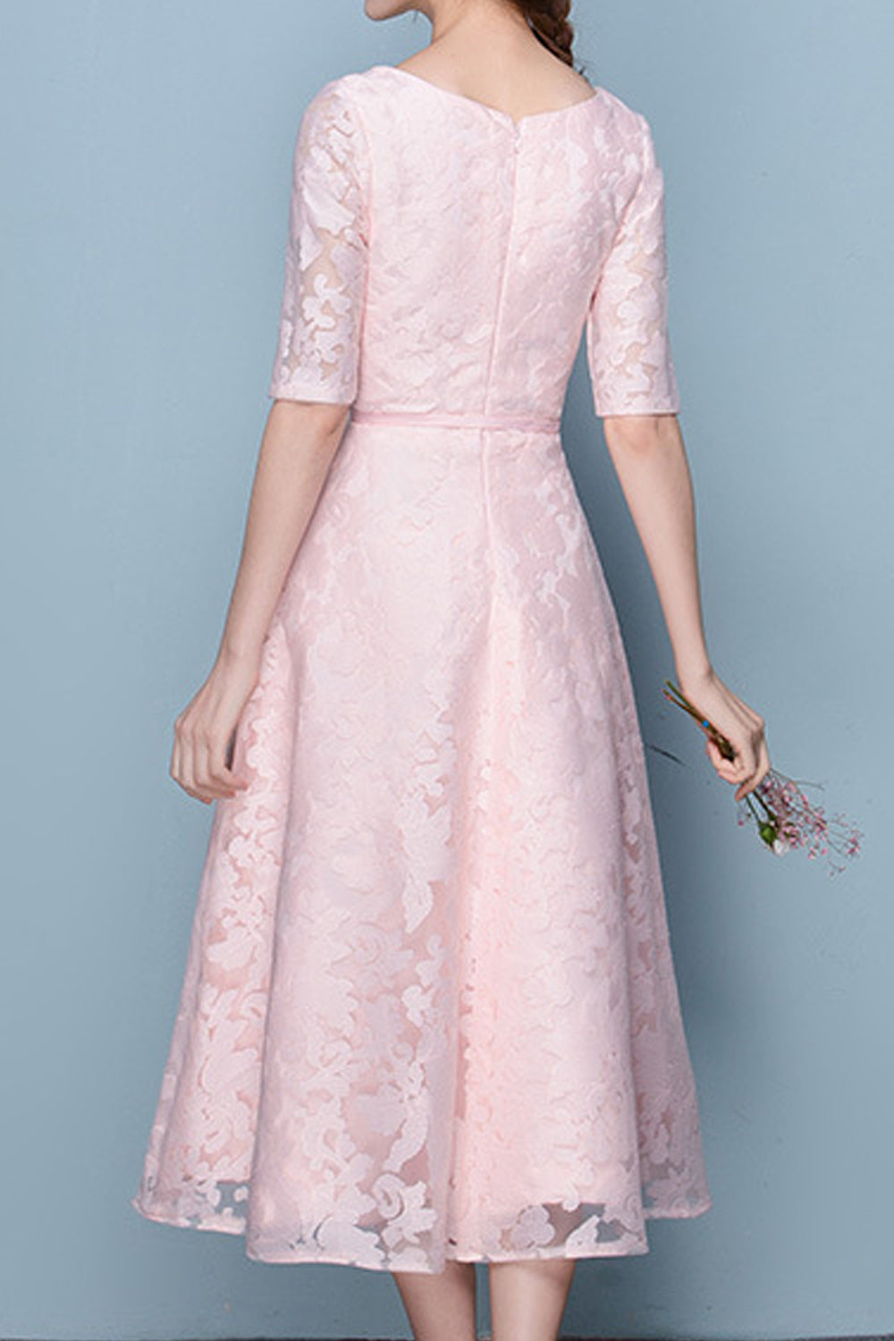 Women Half Sleeve Broad Round Neck Solid Pattern Lovely Evening Party Dress