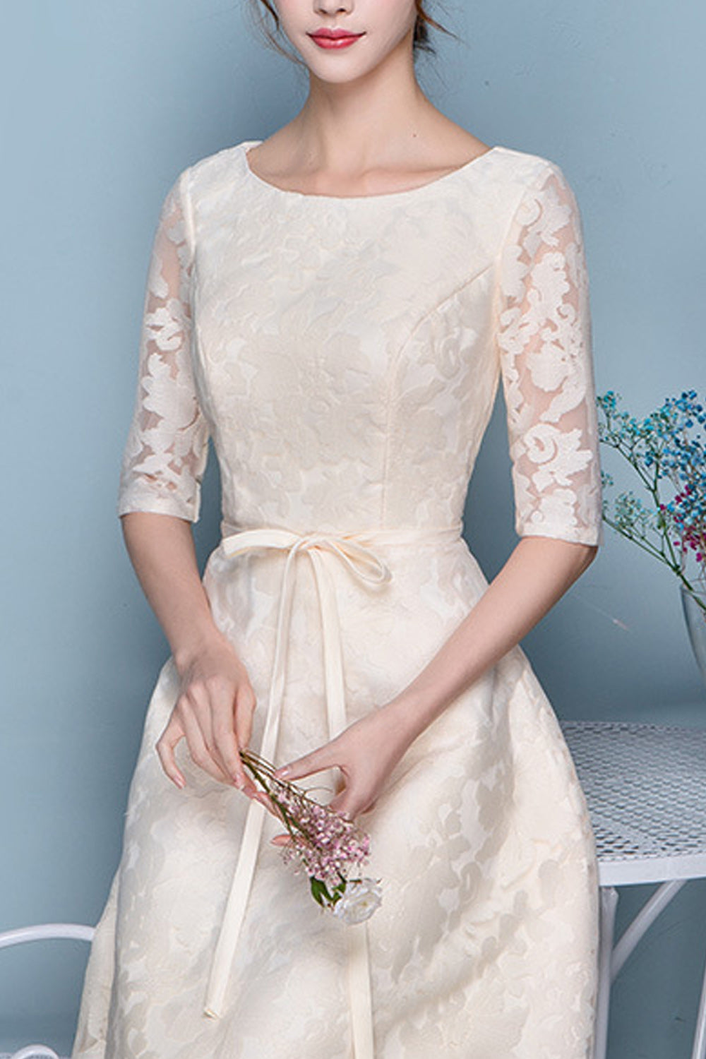 Women Half Sleeve Broad Round Neck Solid Pattern Lovely Evening Party Dress