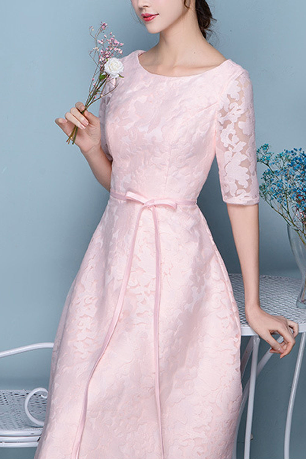 Women Half Sleeve Broad Round Neck Solid Pattern Lovely Evening Party Dress
