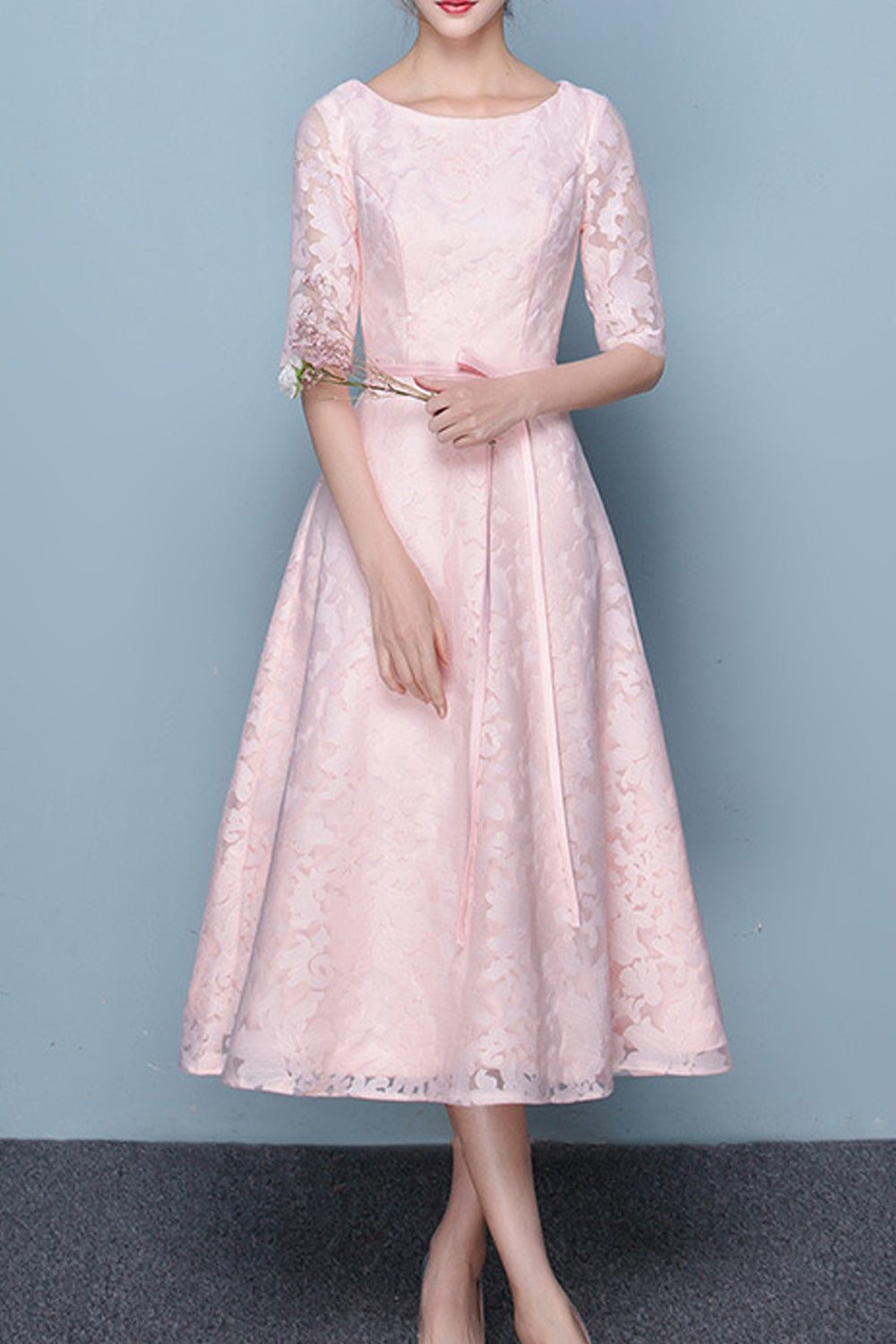 Women Half Sleeve Broad Round Neck Solid Pattern Lovely Evening Party Dress