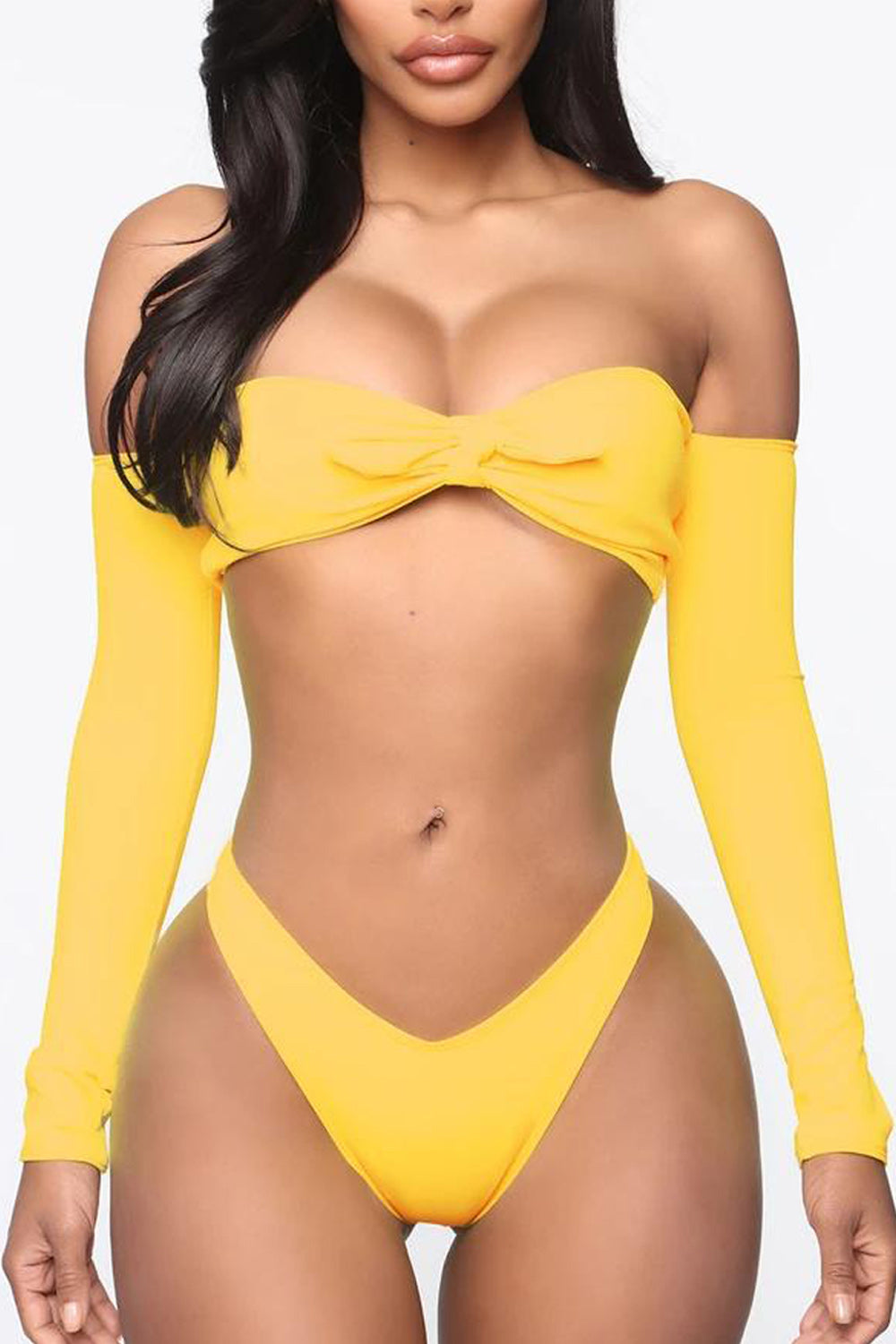 Women Two Piece Elegant Styled Solid Colored Long Sleeve Swimwear