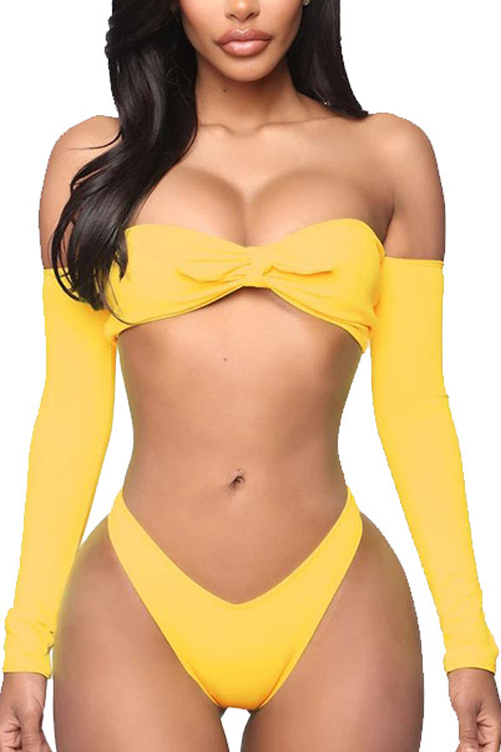 Women Two Piece Elegant Styled Solid Colored Long Sleeve Swimwear