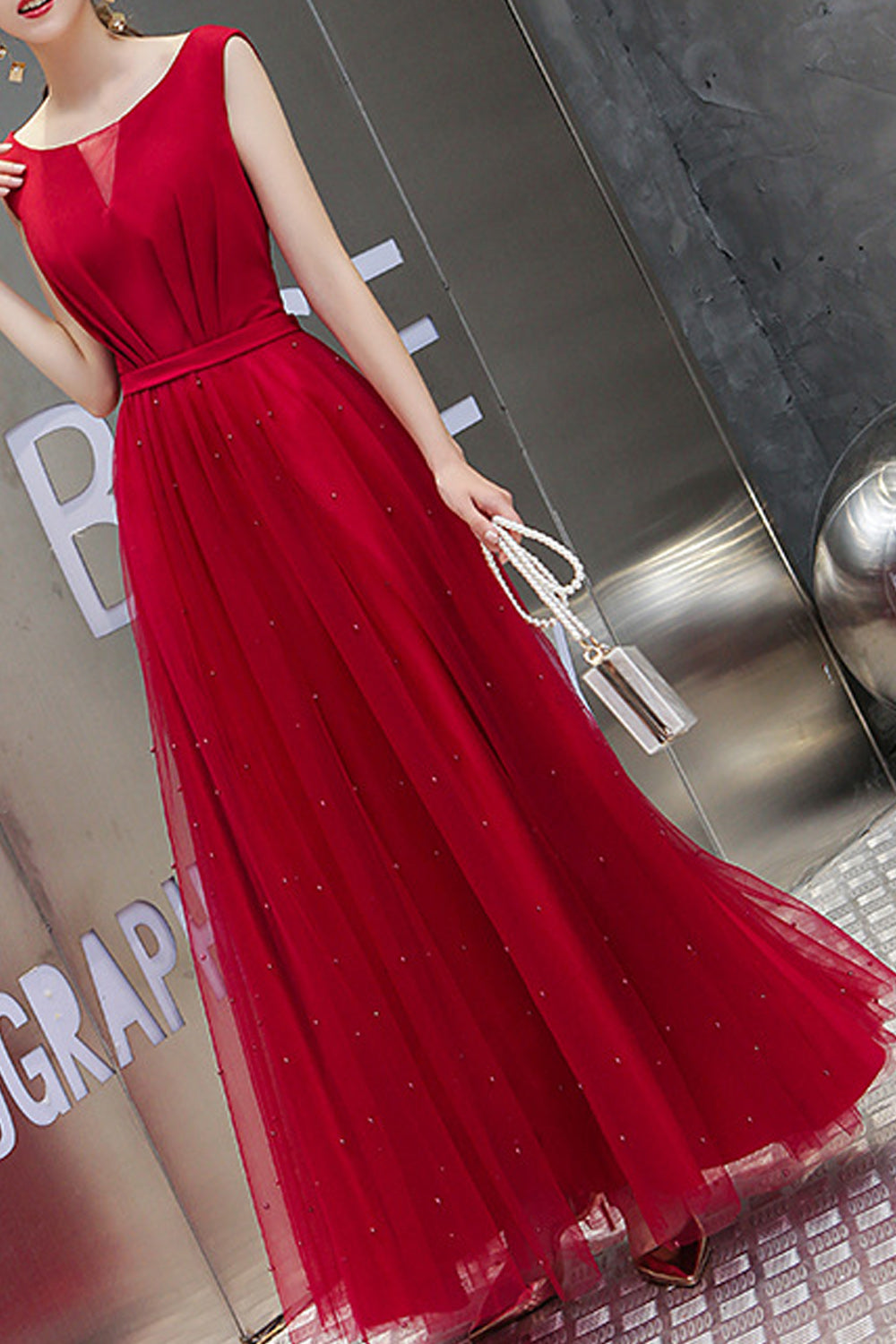 Women Sleeveless Style Round Neck Solid Pattern Comfy Evening Dress