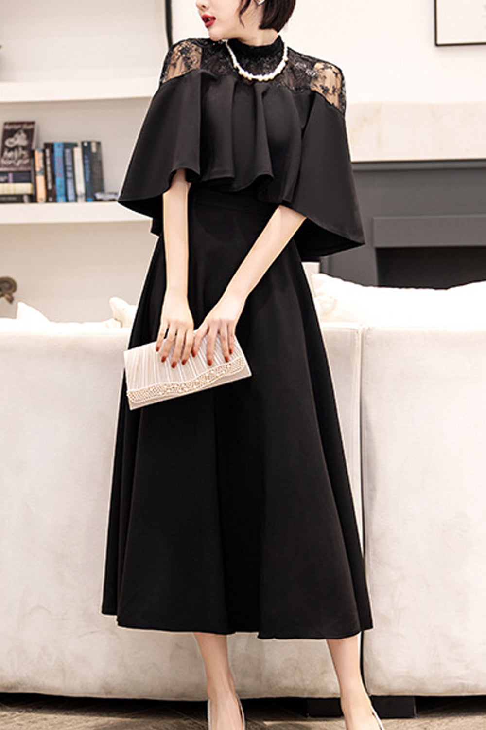 Women Solid Colored Beautiful Stand Collar Comfy Evening Party Dress