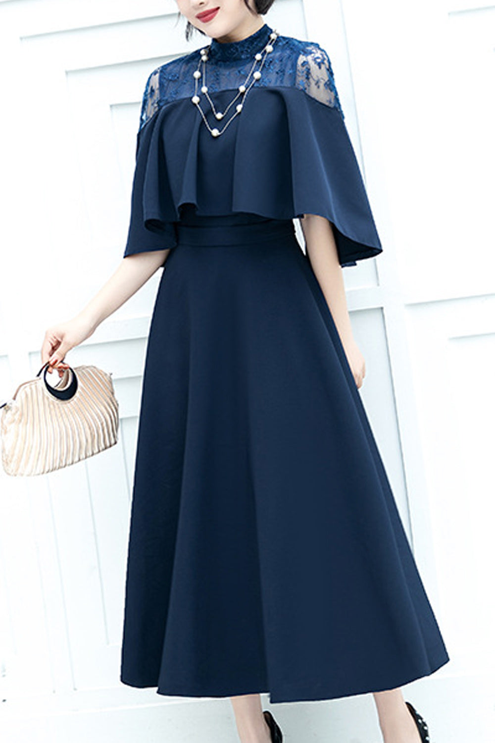 Women Solid Colored Beautiful Stand Collar Comfy Evening Party Dress