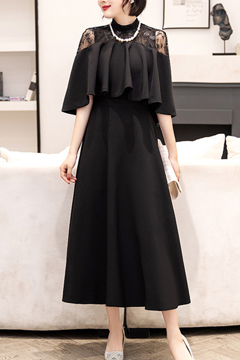 Women Solid Colored Beautiful Stand Collar Comfy Evening Party Dress