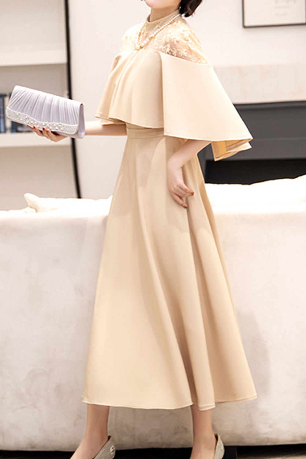 Women Solid Colored Beautiful Stand Collar Comfy Evening Party Dress