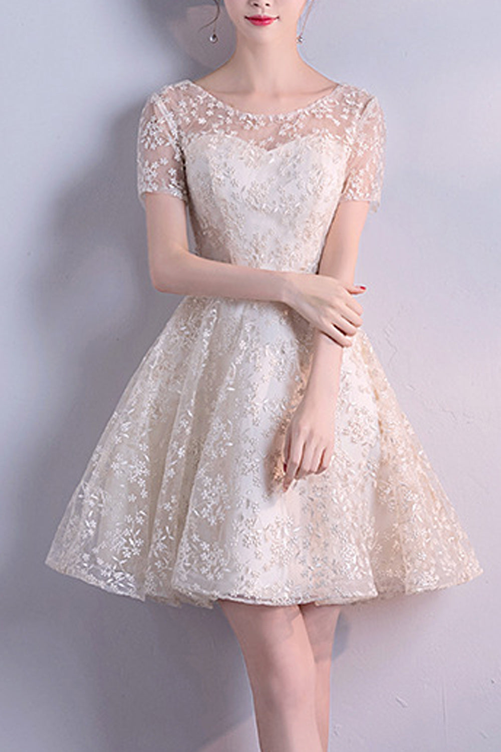 Women Short Skirt Short Sleeve Breathable Embroidered Party Dress