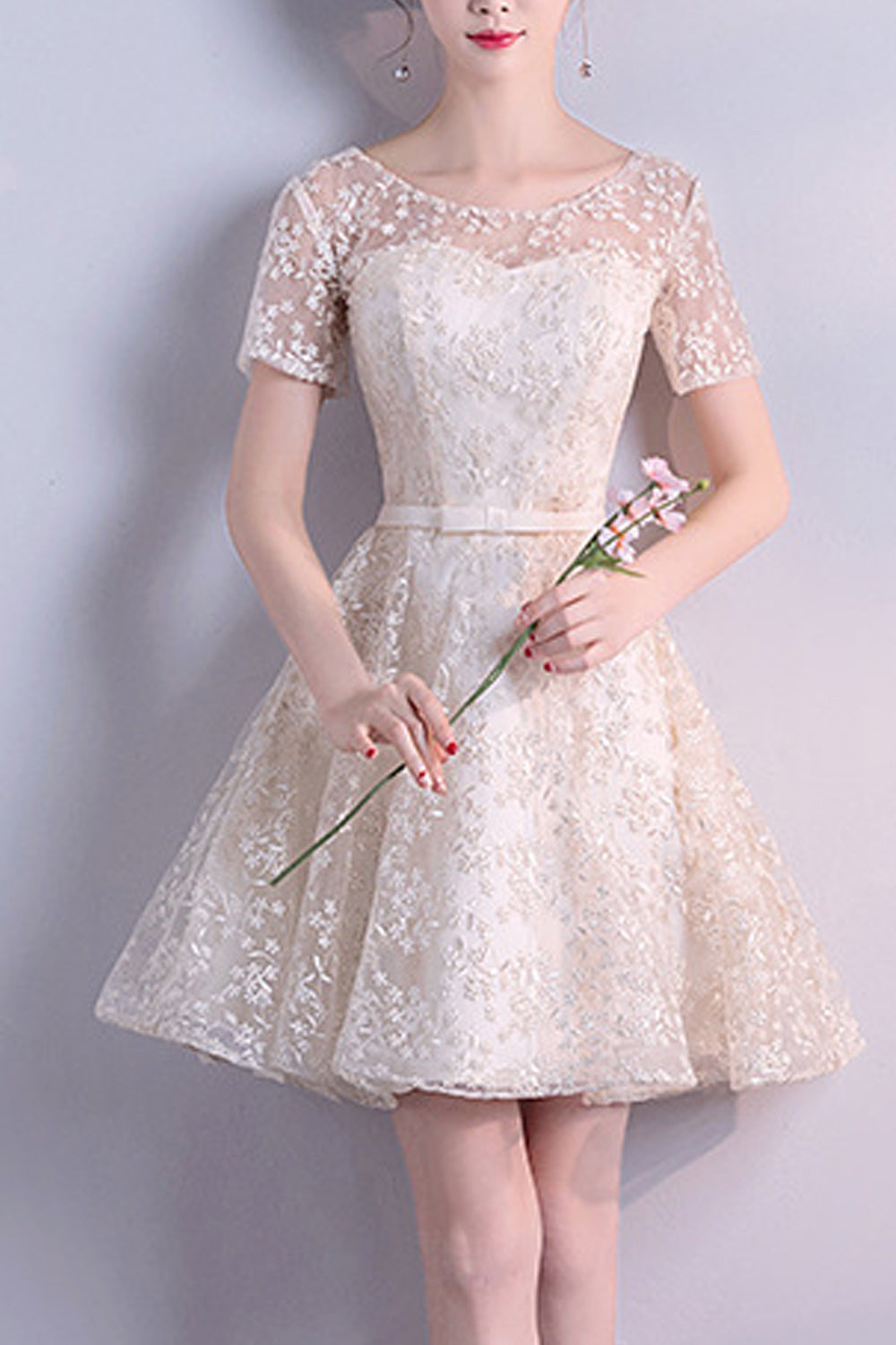 Women Short Skirt Short Sleeve Breathable Embroidered Party Dress