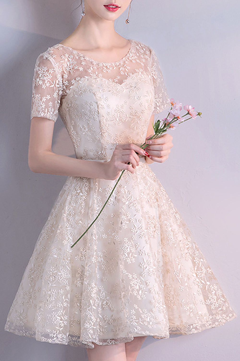 Women Short Skirt Short Sleeve Breathable Embroidered Party Dress