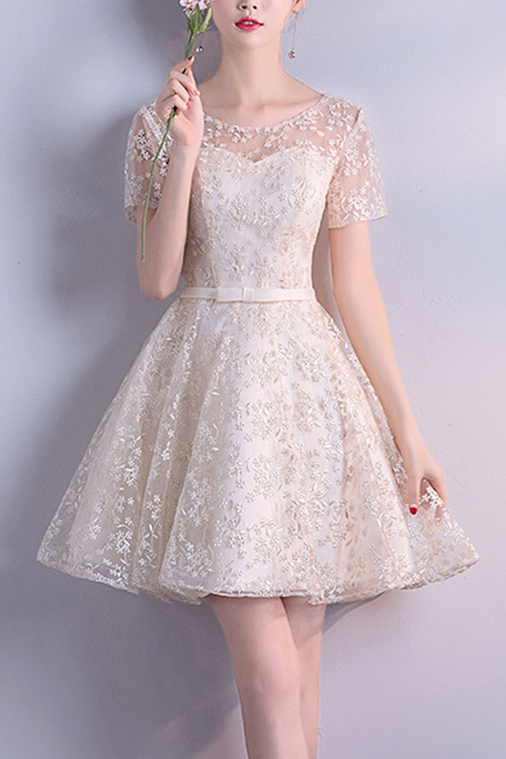 Women Short Skirt Short Sleeve Breathable Embroidered Party Dress