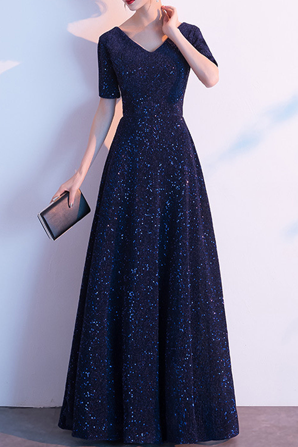Women Short Sleeve V-Neck Style Long Length Solid Colored Evening Dress