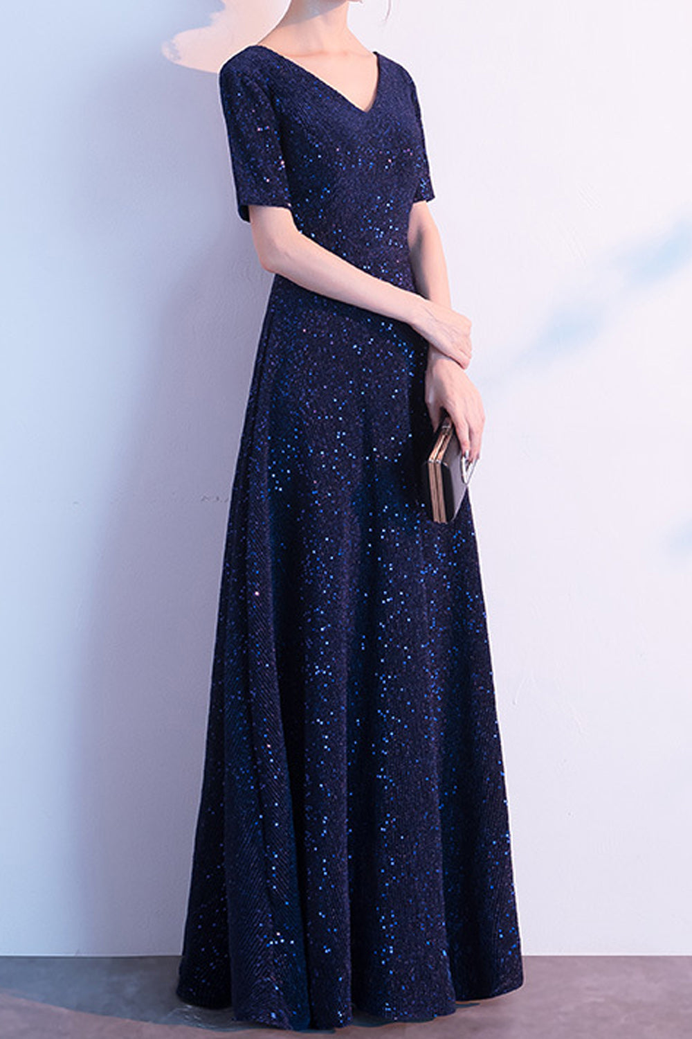 Women Short Sleeve V-Neck Style Long Length Solid Colored Evening Dress