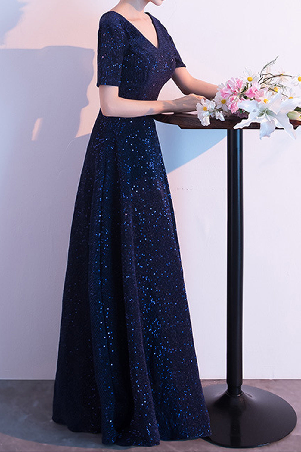 Women Short Sleeve V-Neck Style Long Length Solid Colored Evening Dress