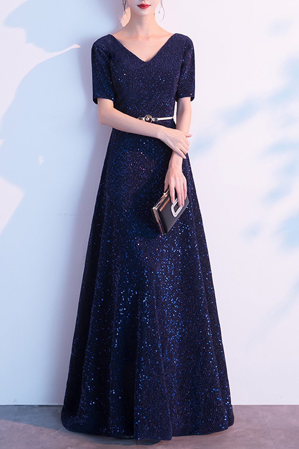 Women Short Sleeve V-Neck Style Long Length Solid Colored Evening Dress