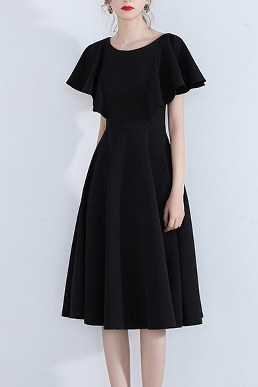 Women Round Neck Short Sleeve Elegant Solid Colored Evening Dress