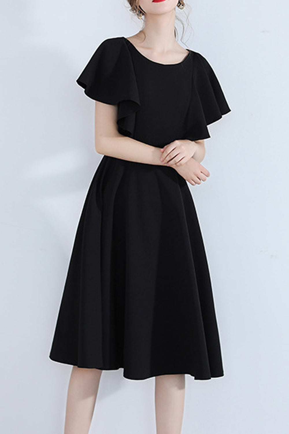 Women Round Neck Short Sleeve Elegant Solid Colored Evening Dress