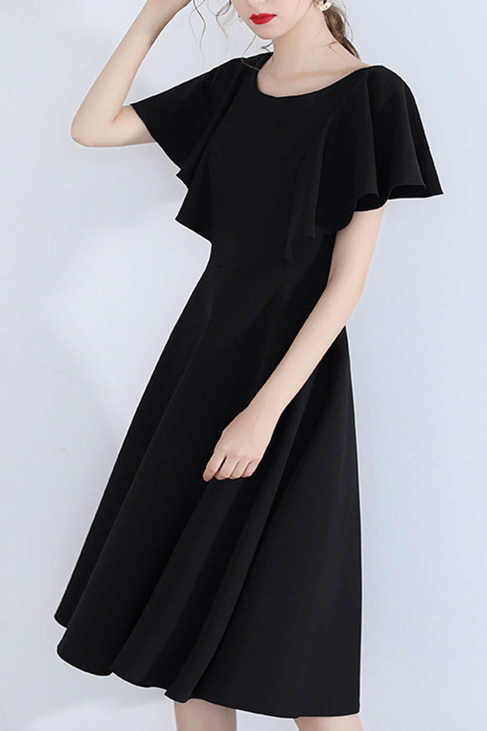 Women Round Neck Short Sleeve Elegant Solid Colored Evening Dress
