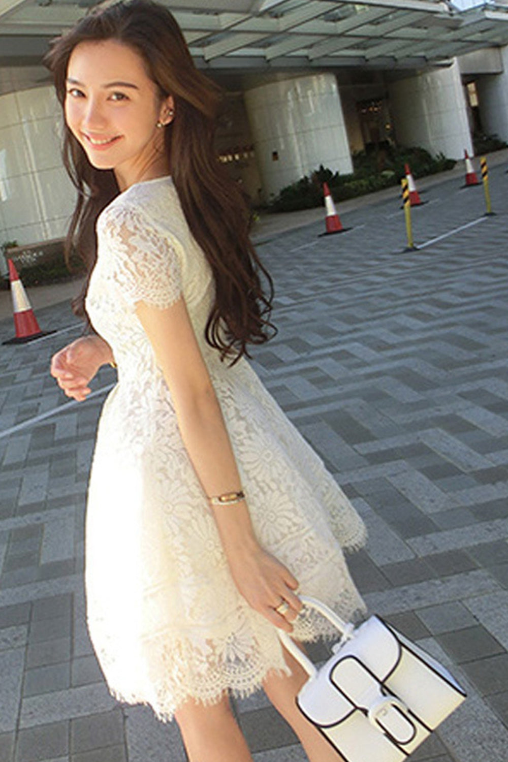 Women While Lace Up Short Sleeve Going Out Dress