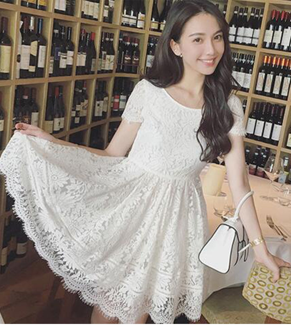 Women While Lace Up Short Sleeve Going Out Dress