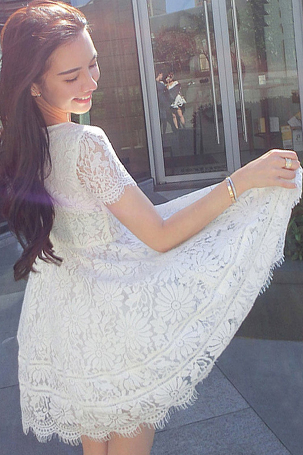 Women While Lace Up Short Sleeve Going Out Dress