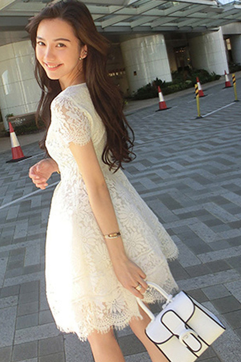 Women While Lace Up Short Sleeve Going Out Dress