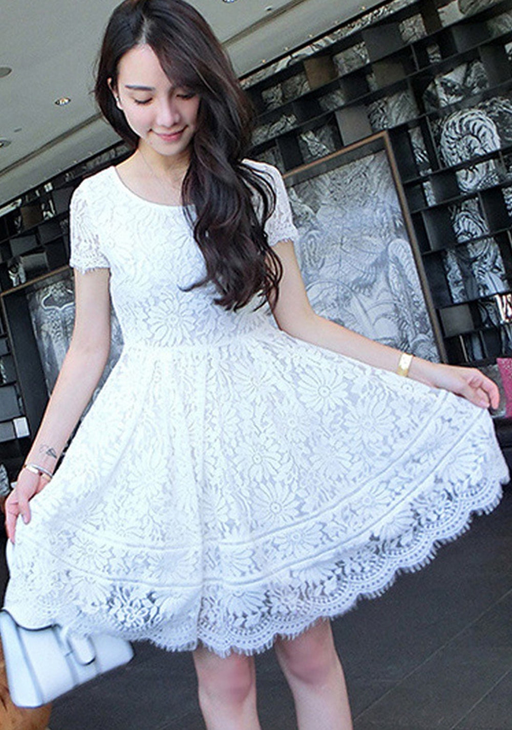 Women While Lace Up Short Sleeve Going Out Dress