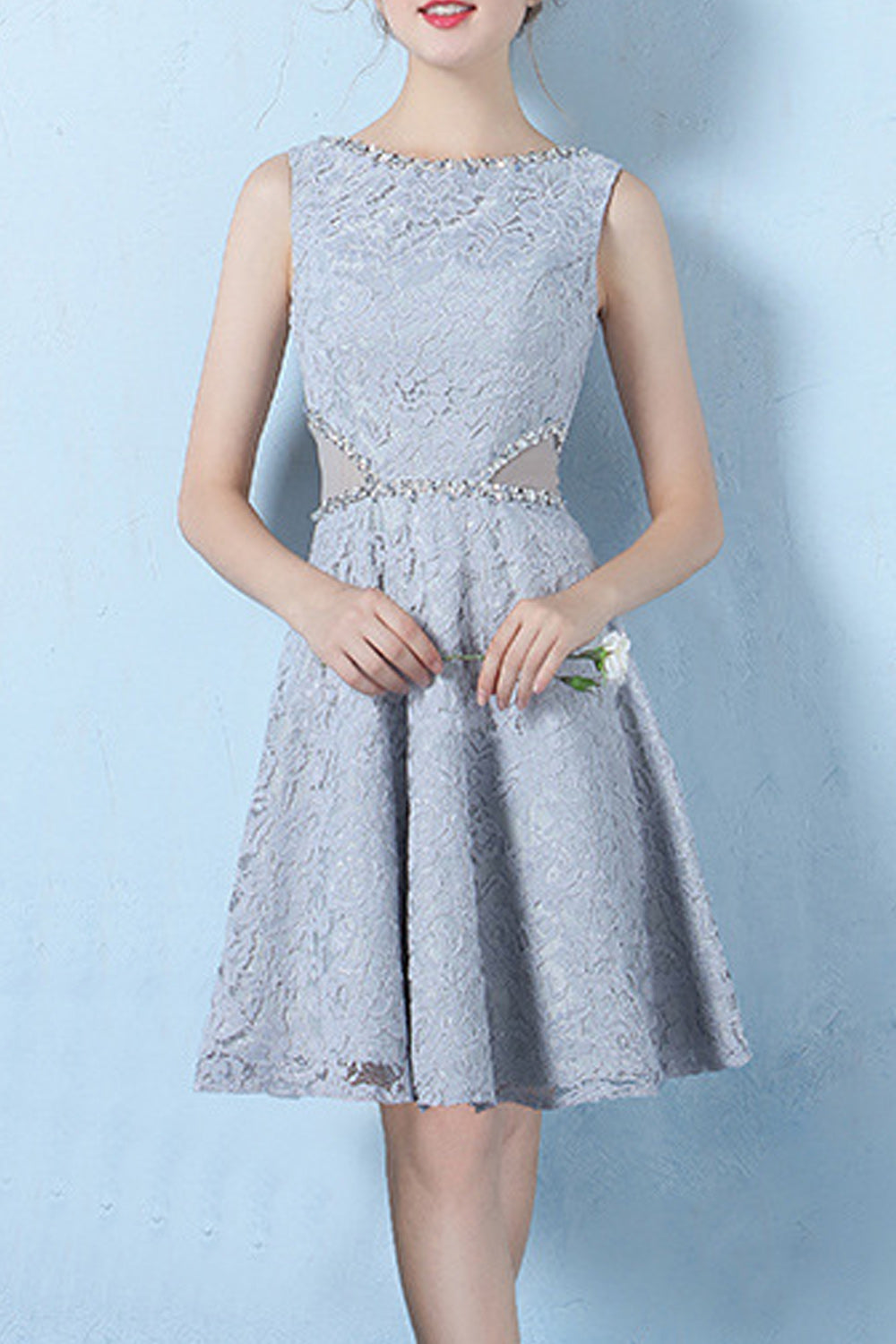 Women Pleated Short Skirt Round Neck Breathable Party Dress