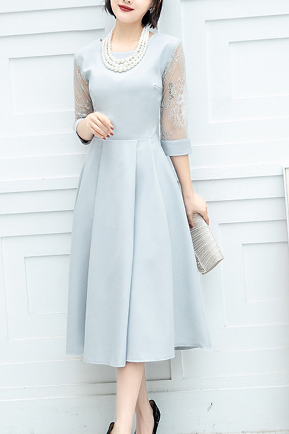 Women Mid Length Skirt Breathable Round Neck Half Sleeve Evening Party Dress