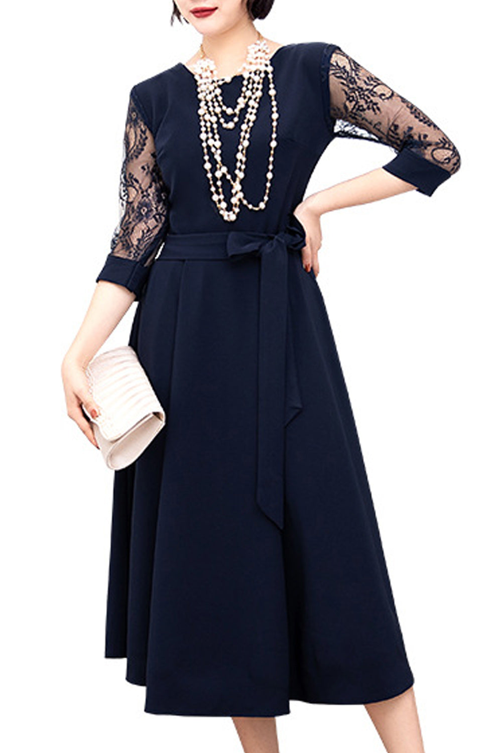 Women Mid Length Skirt Breathable Round Neck Half Sleeve Evening Party Dress