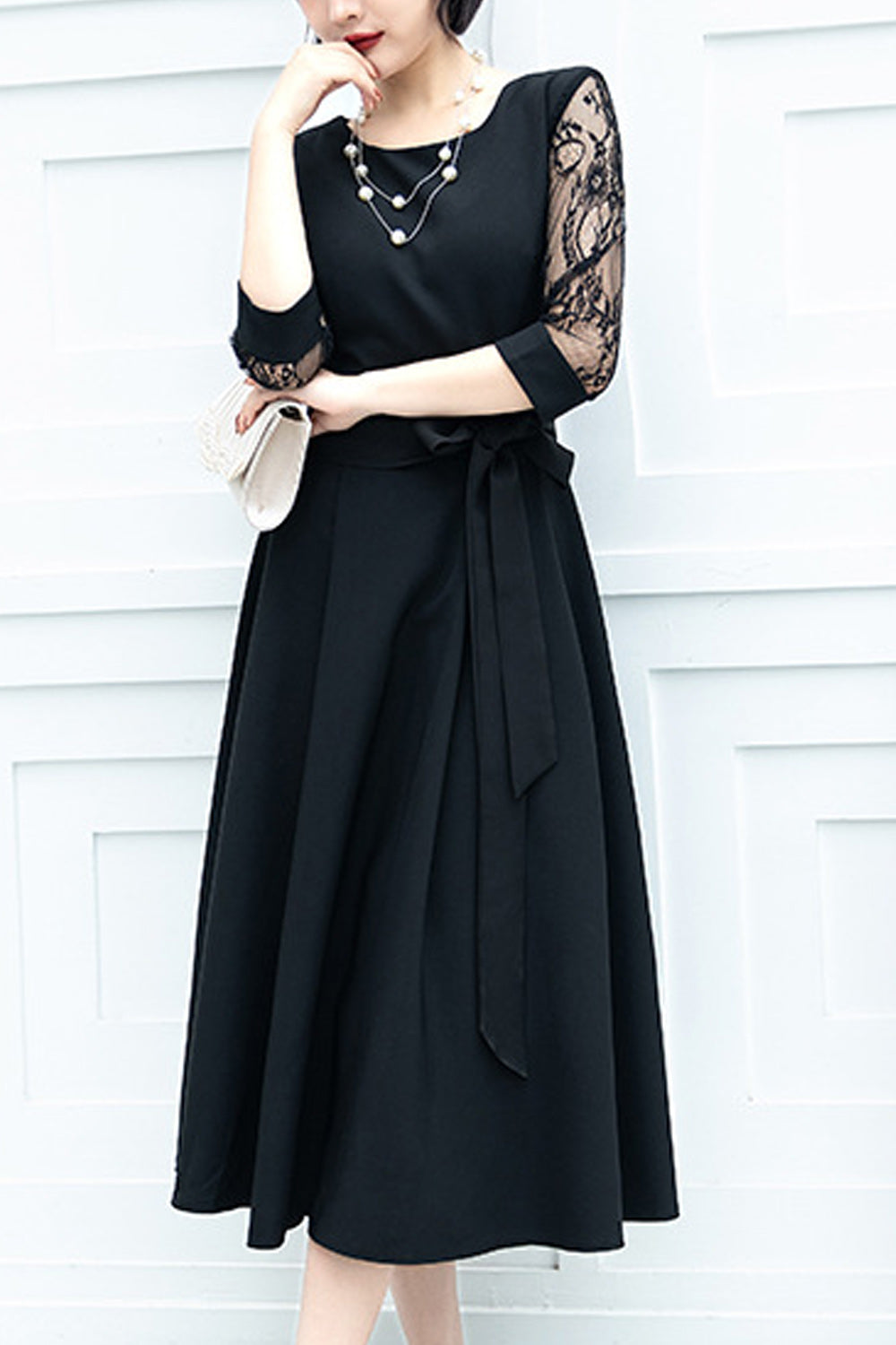 Women Mid Length Skirt Breathable Round Neck Half Sleeve Evening Party Dress