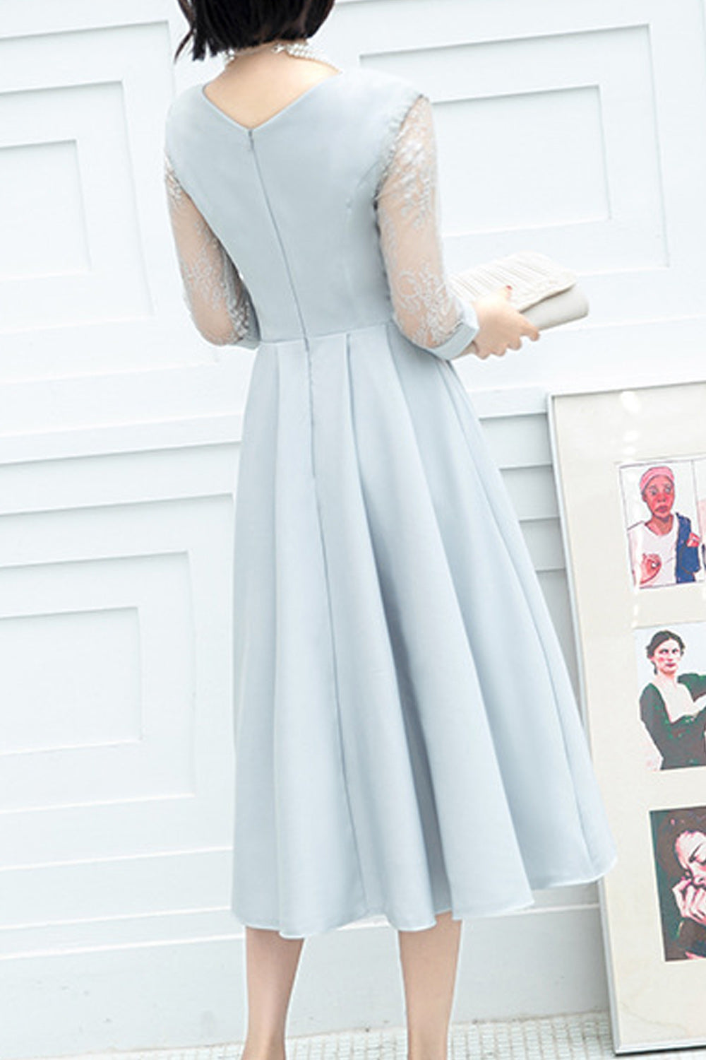 Women Mid Length Skirt Breathable Round Neck Half Sleeve Evening Party Dress