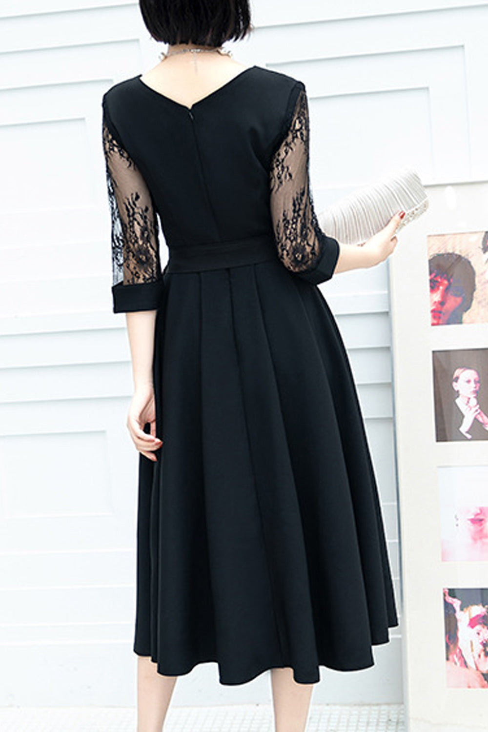 Women Mid Length Skirt Breathable Round Neck Half Sleeve Evening Party Dress