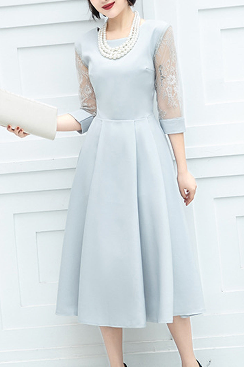 Women Mid Length Skirt Breathable Round Neck Half Sleeve Evening Party Dress