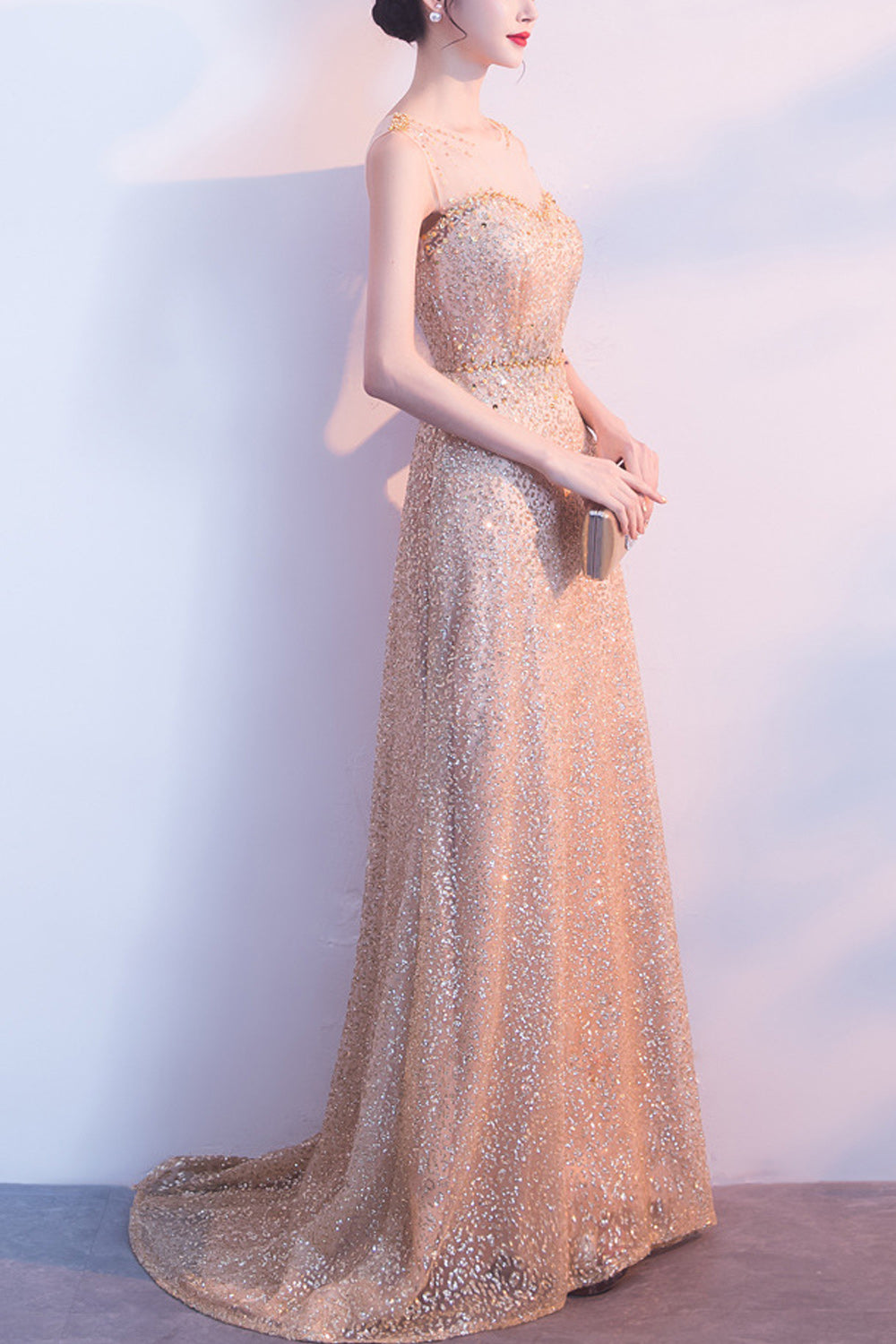 Women Slim Fit Convenient Sequins Decorated Long Length Evening Party Dress