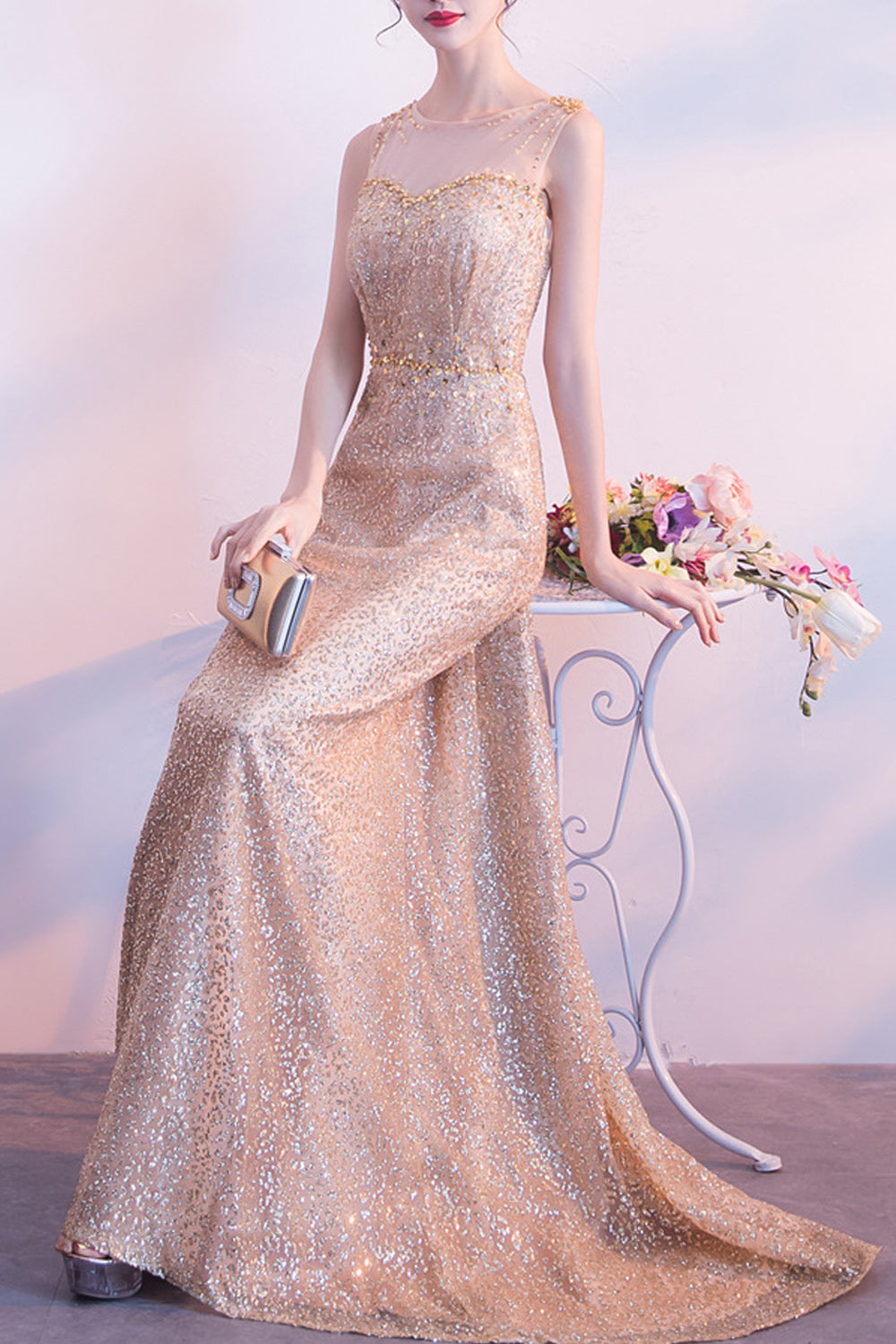 Women Slim Fit Convenient Sequins Decorated Long Length Evening Party Dress