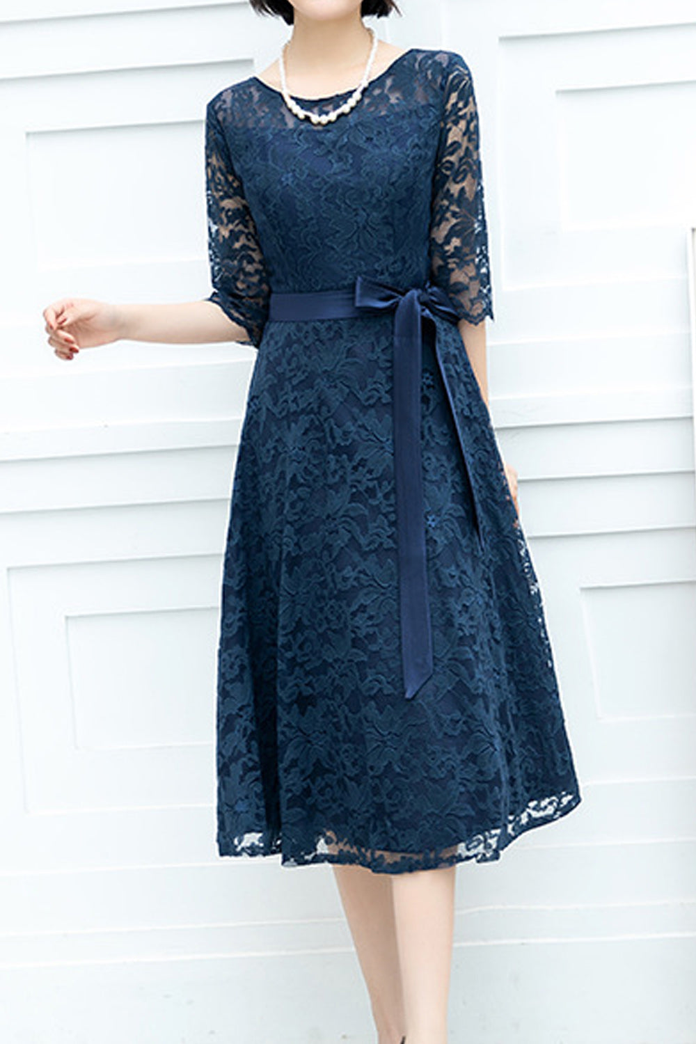 Women Lovely Elbow Sleeve Round Neck Solid Pattern Wedding Party Dress
