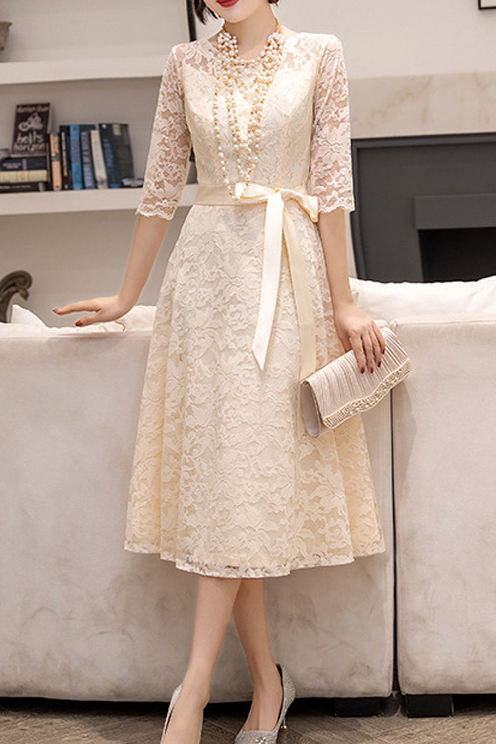 Women Lovely Elbow Sleeve Round Neck Solid Pattern Wedding Party Dress